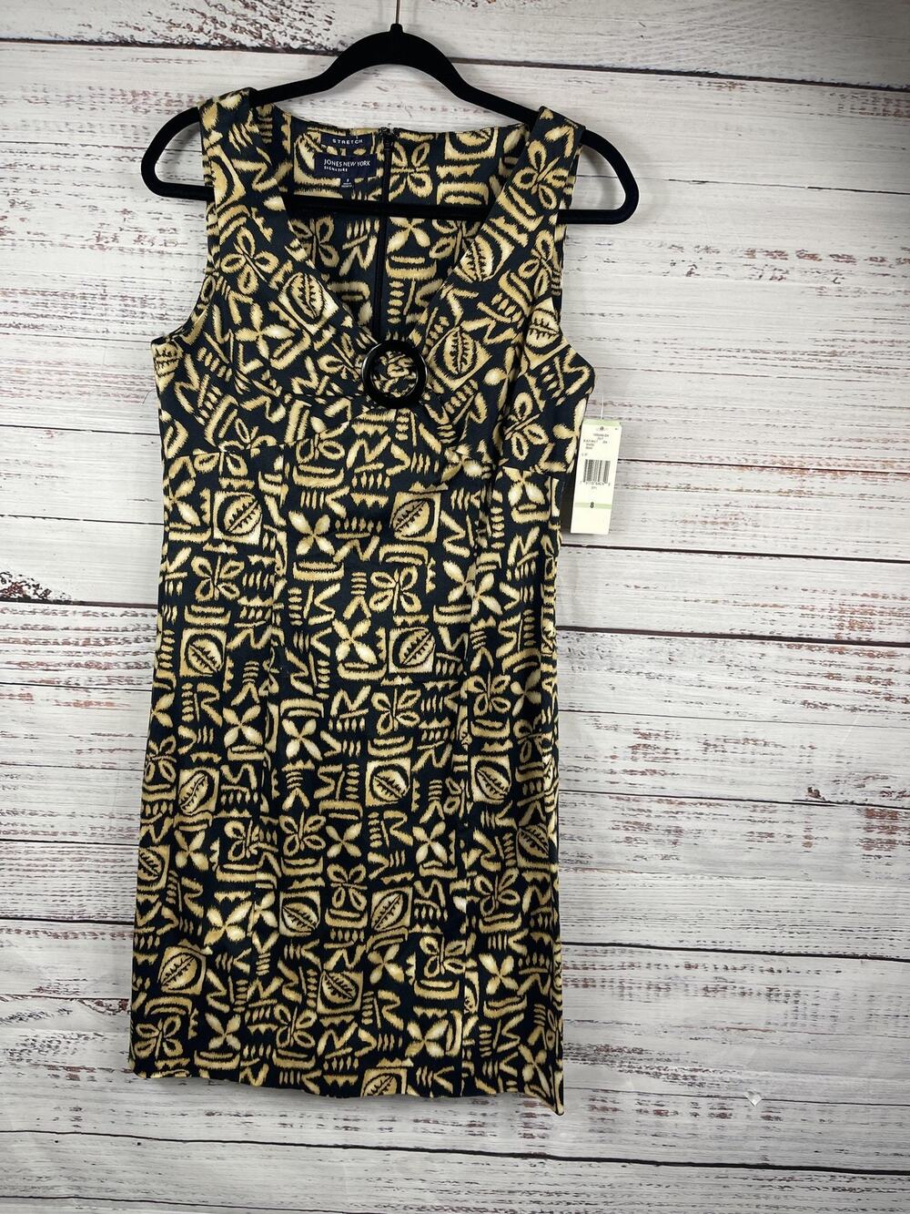 Jones New York Dress Women's Size 8 Black Multi Sleeveless Stretch Sheath Belted